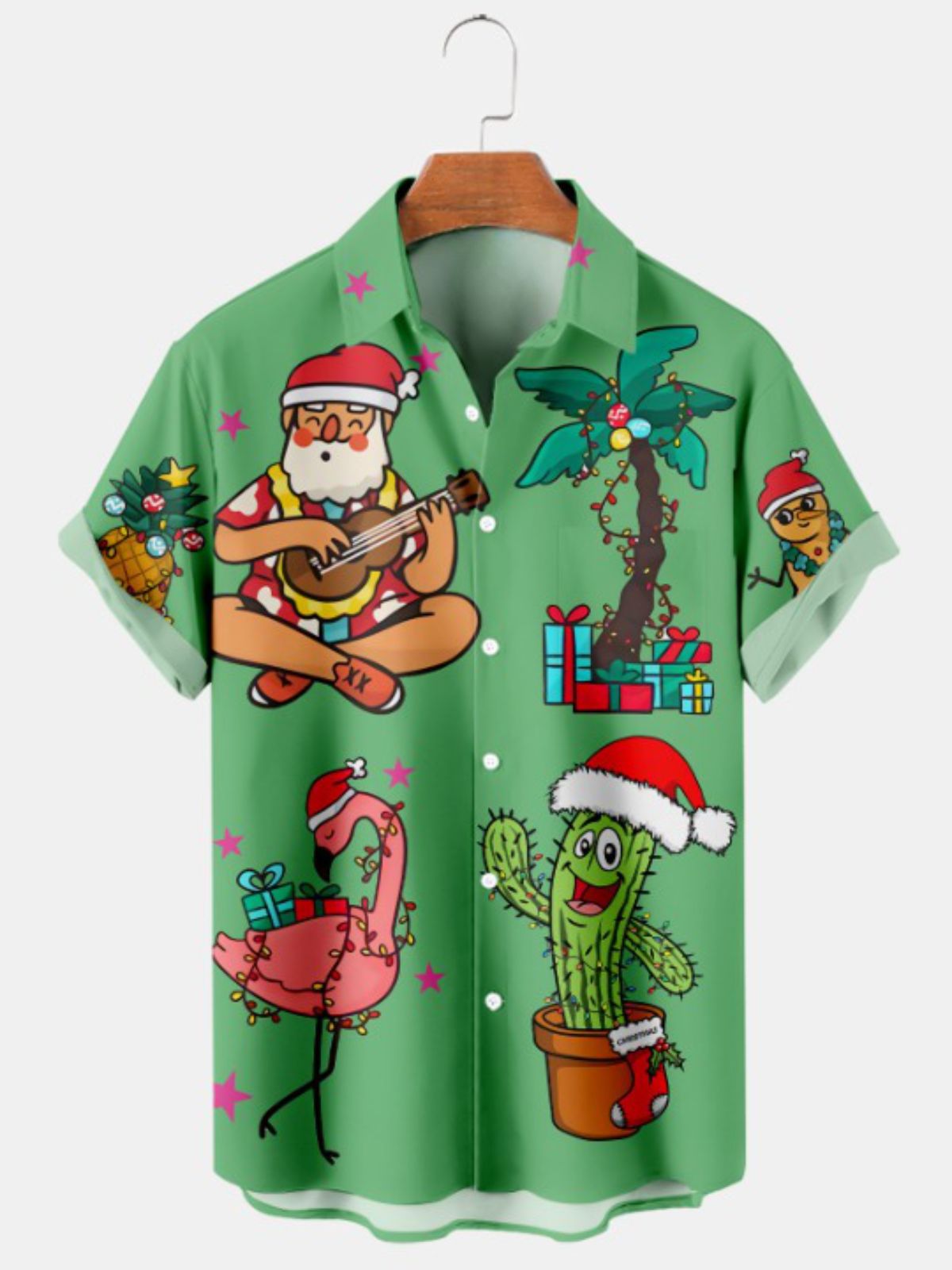Christmas Santa Flamingo Print Short Sleeve Shirt