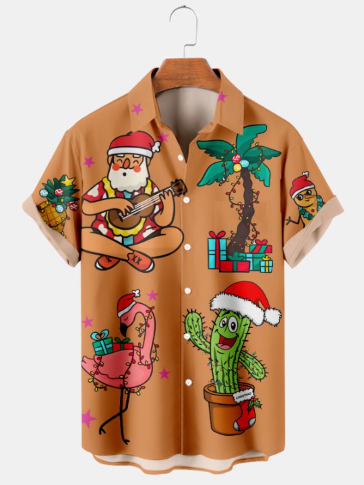 Christmas Santa Flamingo Print Short Sleeve Shirt
