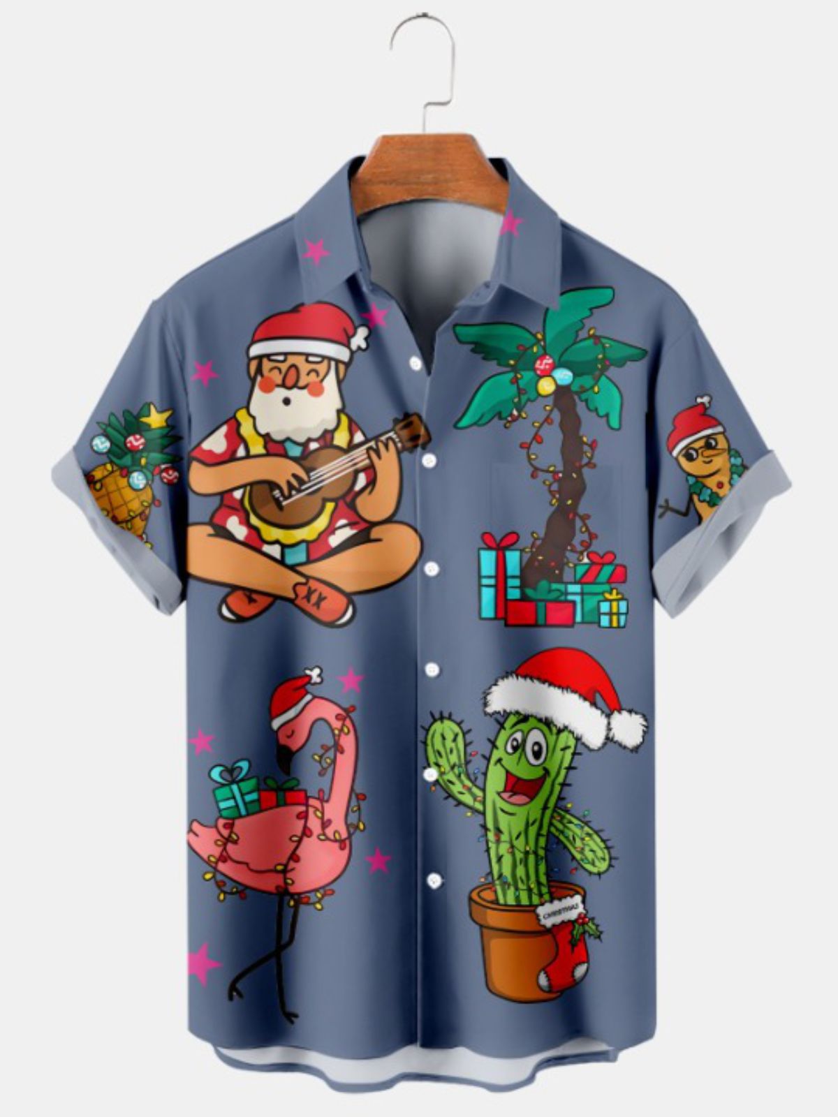 Christmas Santa Flamingo Print Short Sleeve Shirt