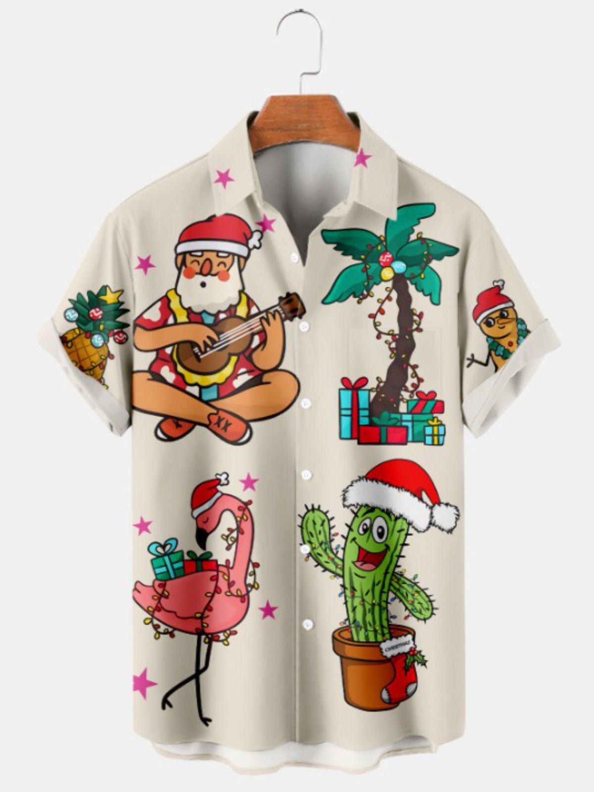 Christmas Santa Flamingo Print Short Sleeve Shirt
