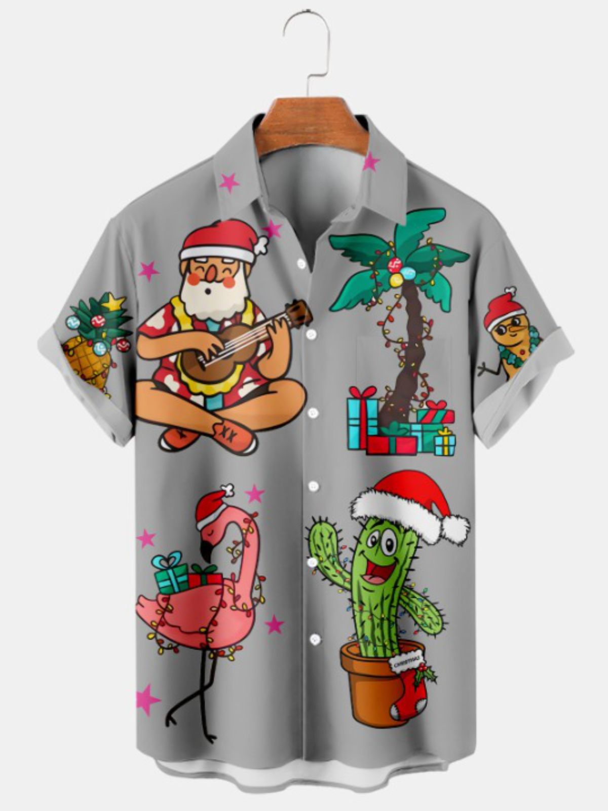 Christmas Santa Flamingo Print Short Sleeve Shirt
