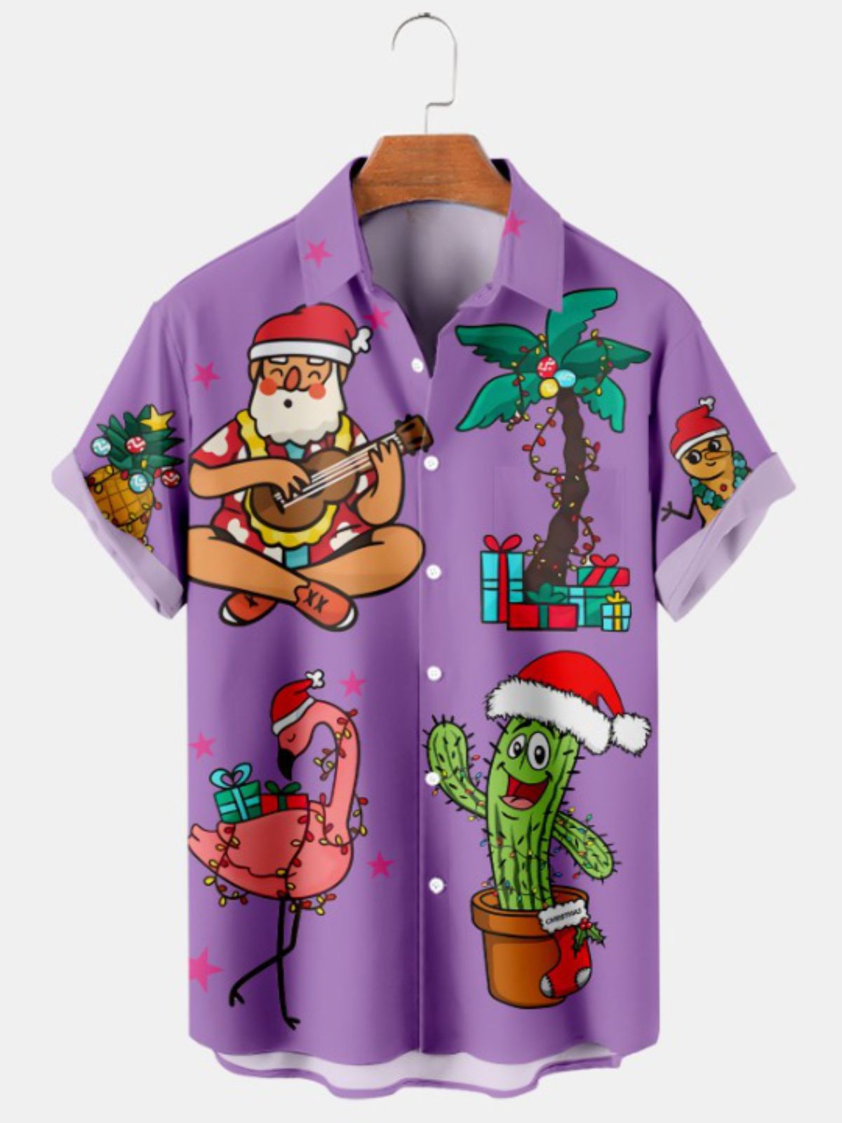 Christmas Santa Flamingo Print Short Sleeve Shirt