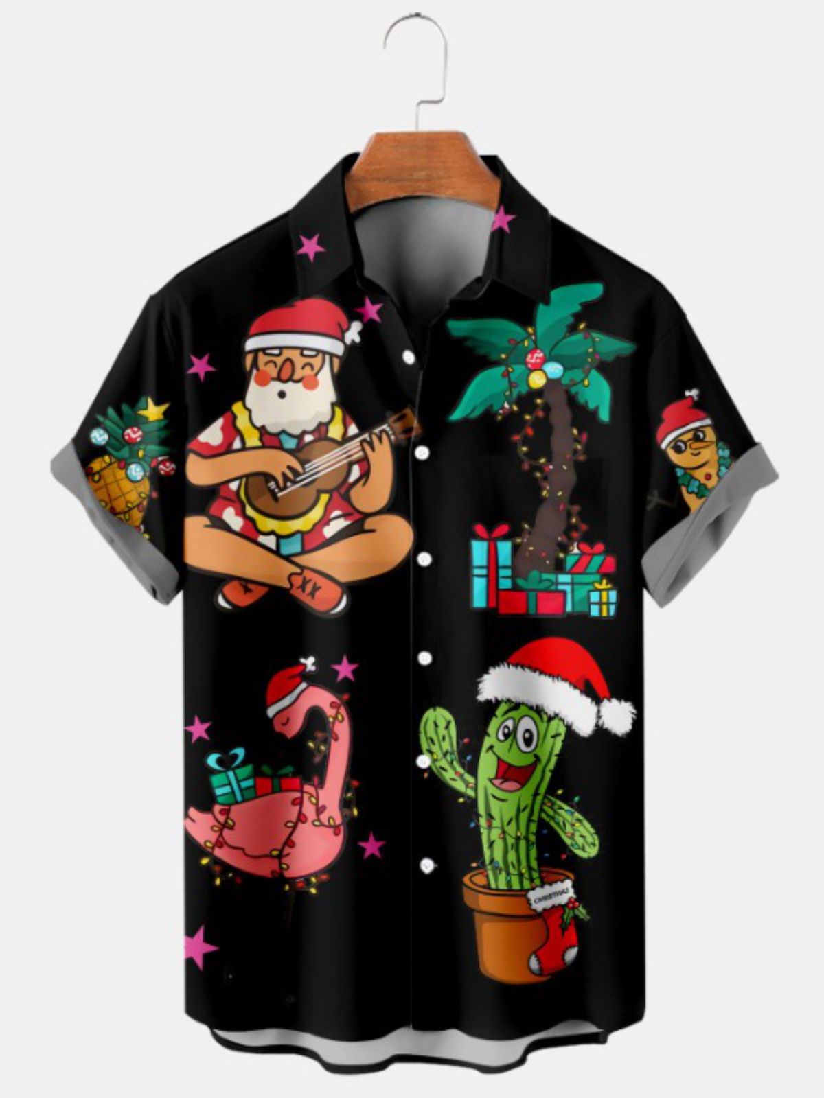 Christmas Santa Flamingo Print Short Sleeve Shirt