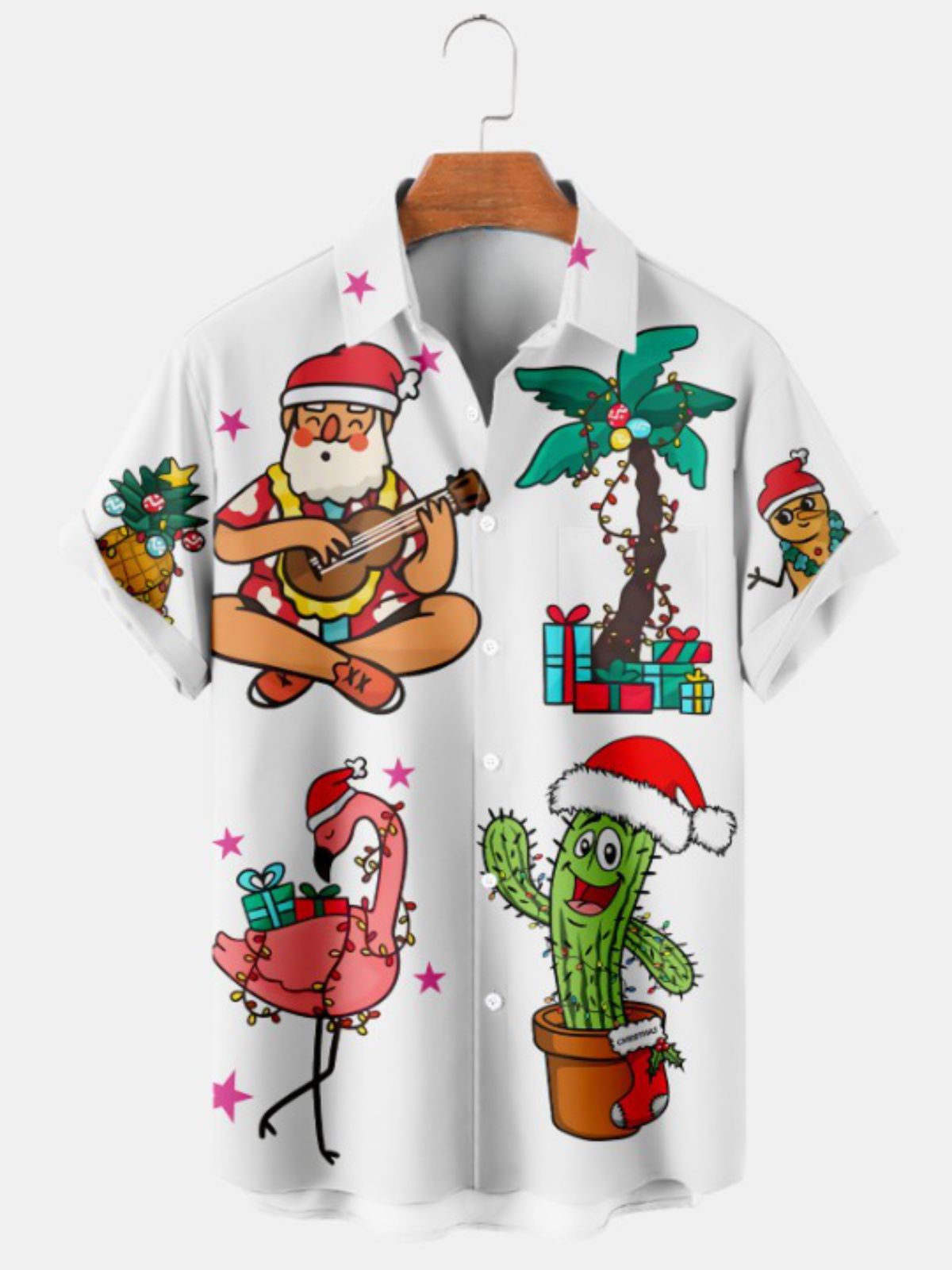 Christmas Santa Flamingo Print Short Sleeve Shirt