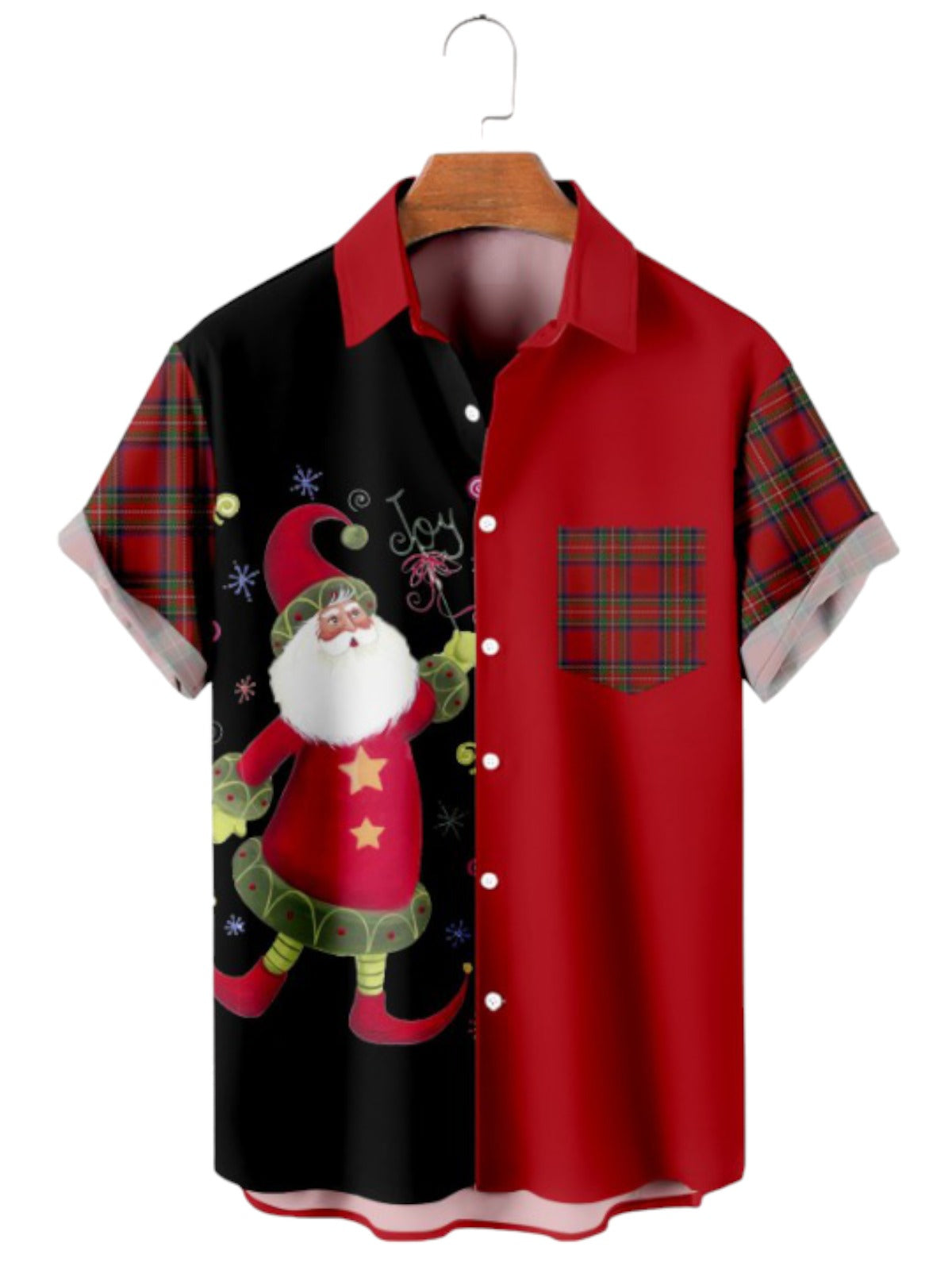 Christmas Vintage Plaid Santa Print Short Sleeve Shirt
