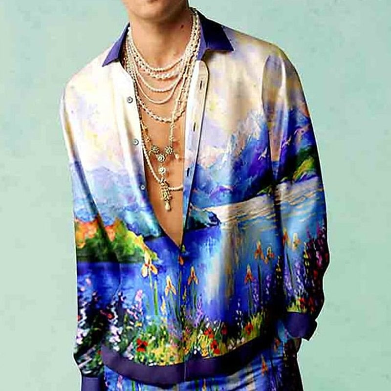 Floral Totem Print Long Sleeve Party Shirt