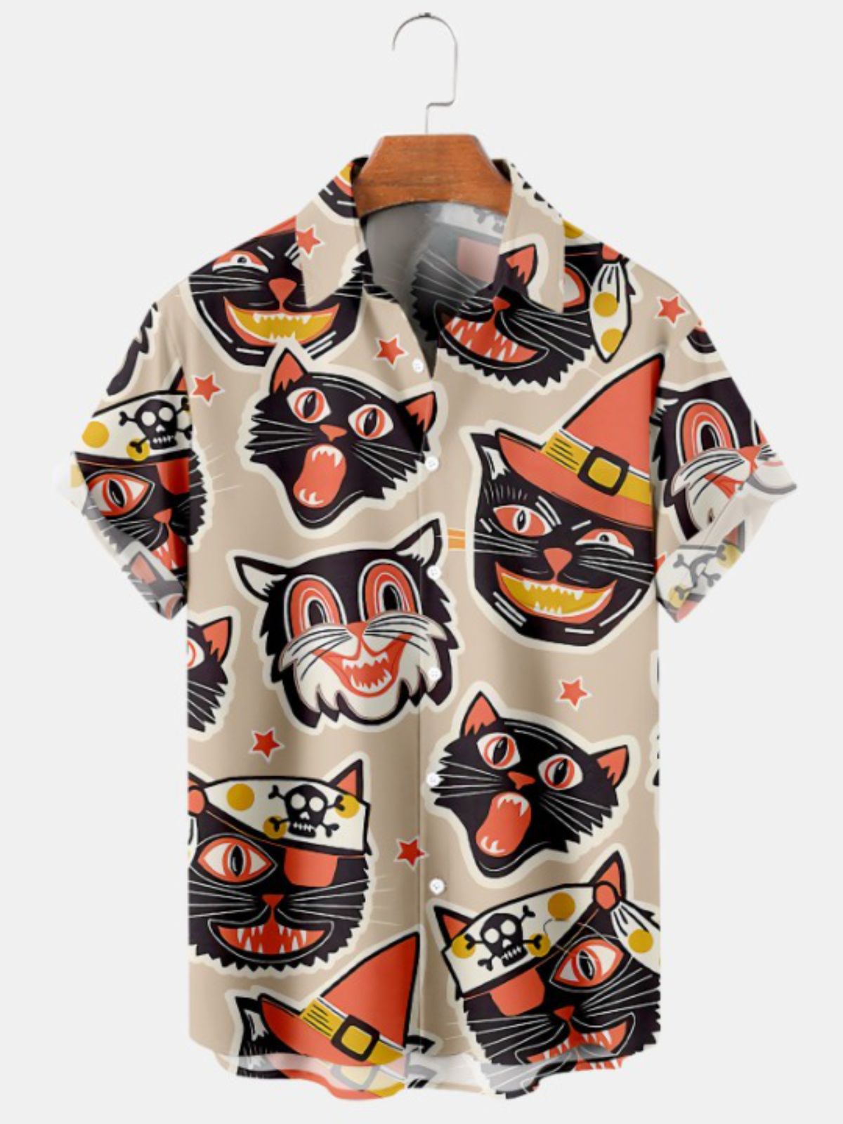 Halloween Fun Pirate Cat Print Short Sleeve Shirt