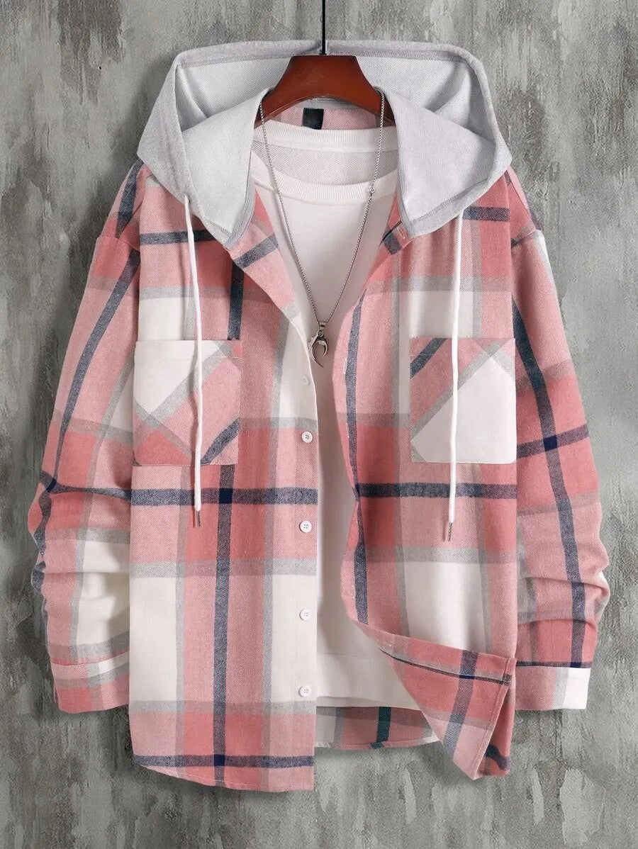 Plaid Dual Pocket Drawstring Hooded Shirt