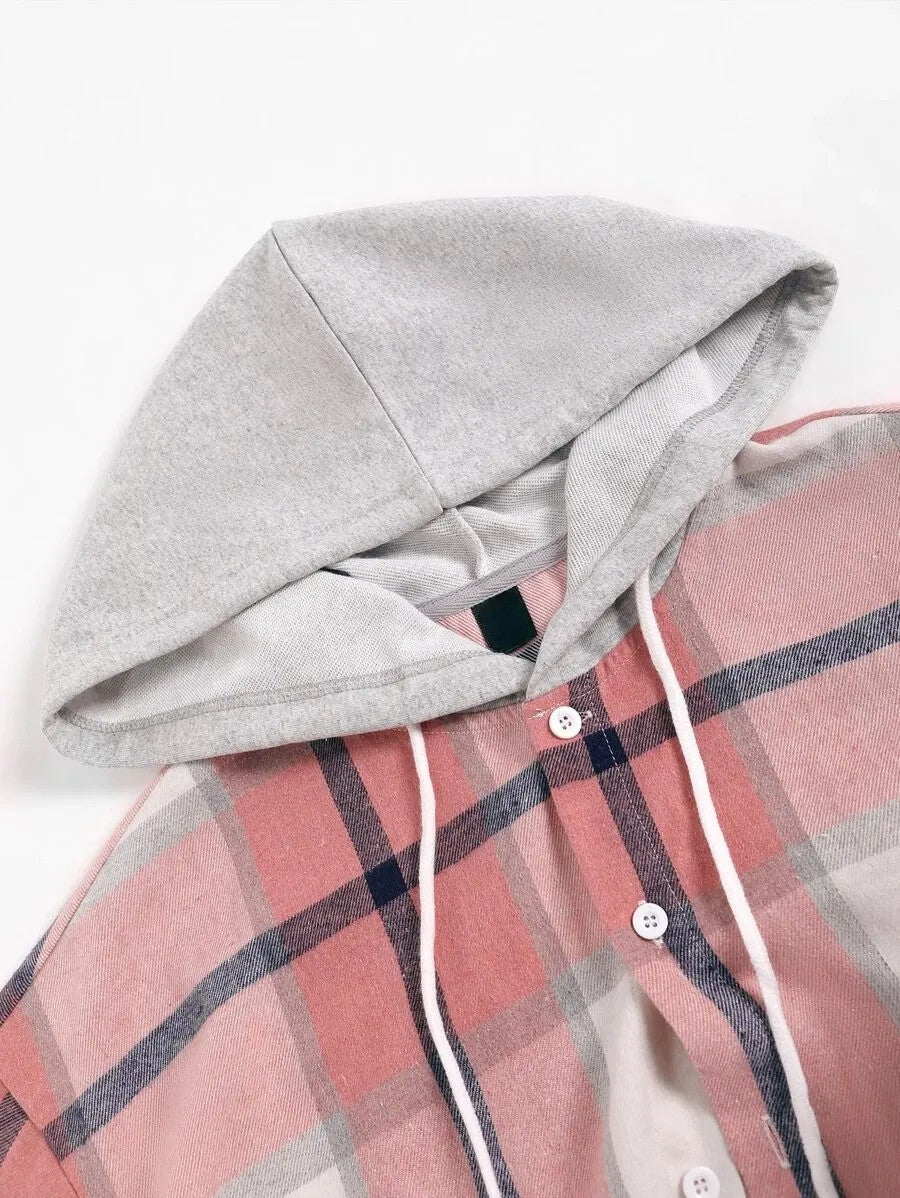 Plaid Dual Pocket Drawstring Hooded Shirt