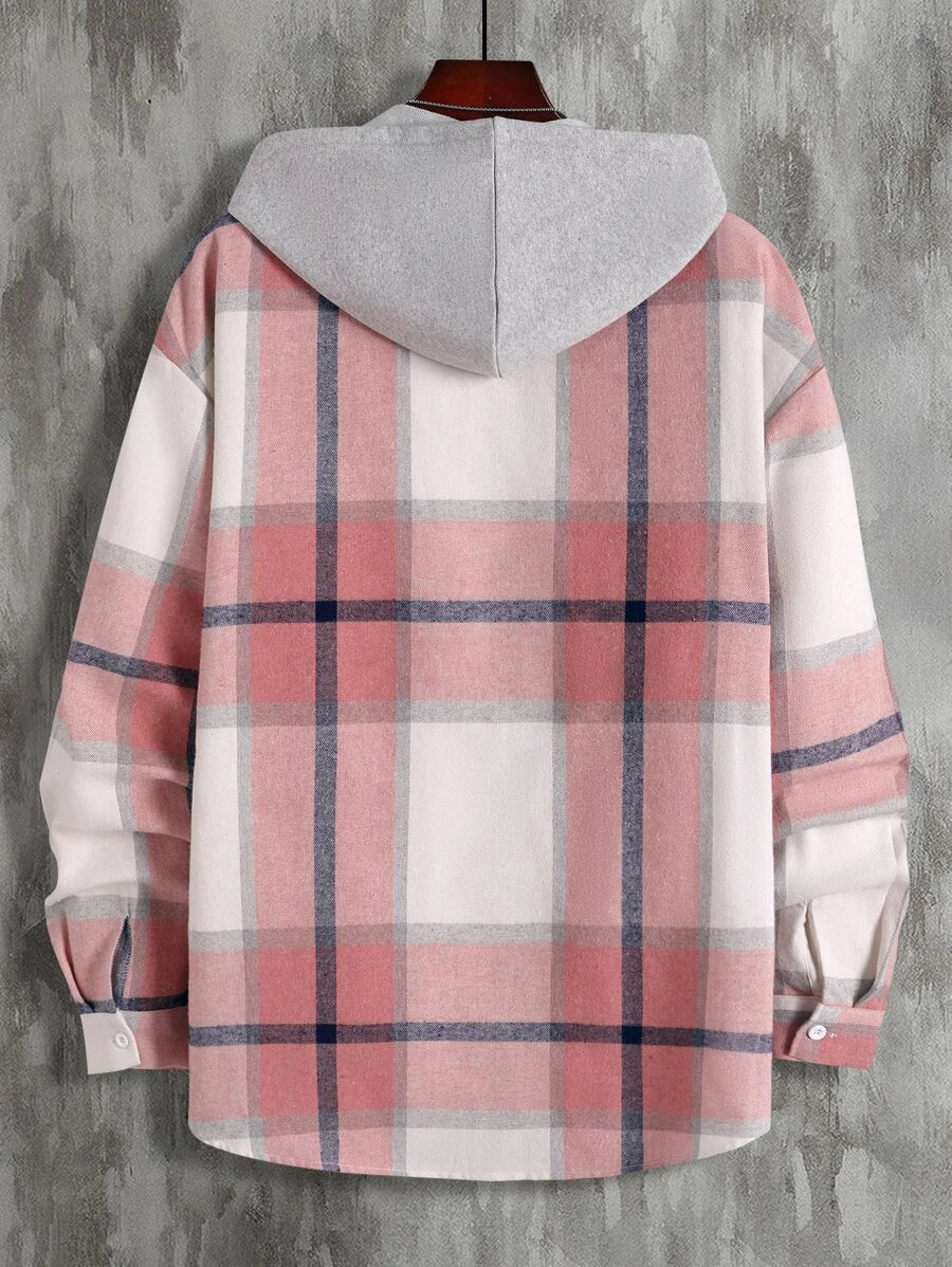 Plaid Dual Pocket Drawstring Hooded Shirt