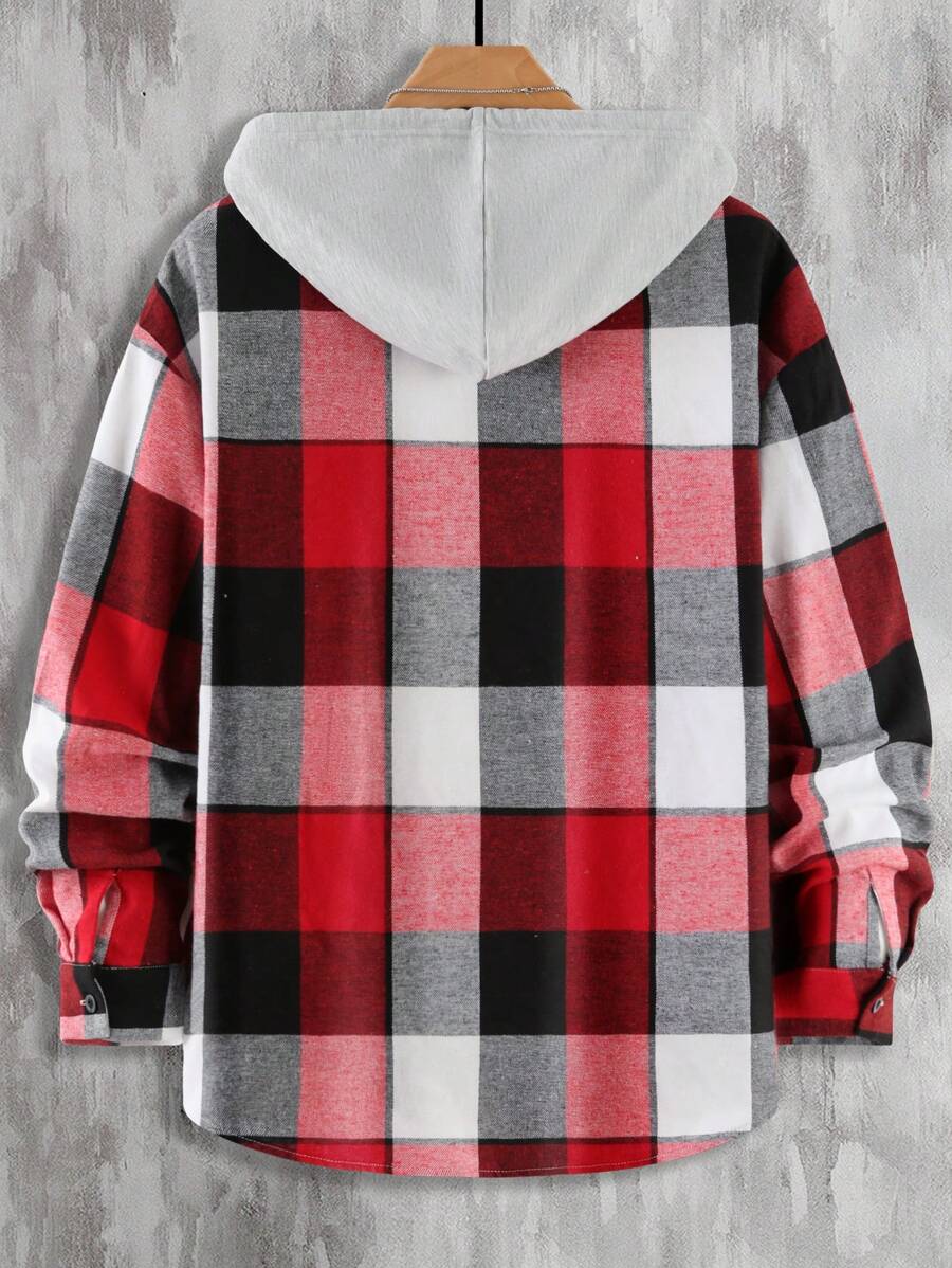 Plaid Dual Pocket Drawstring Hooded Shirt