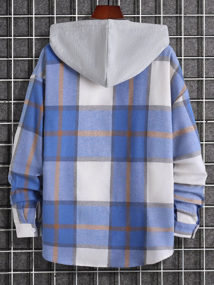 Plaid Dual Pocket Drawstring Hooded Shirt