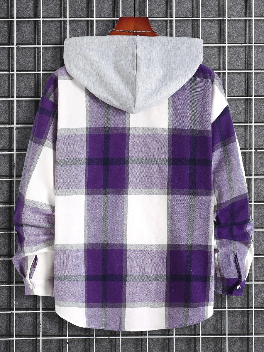 Plaid Dual Pocket Drawstring Hooded Shirt