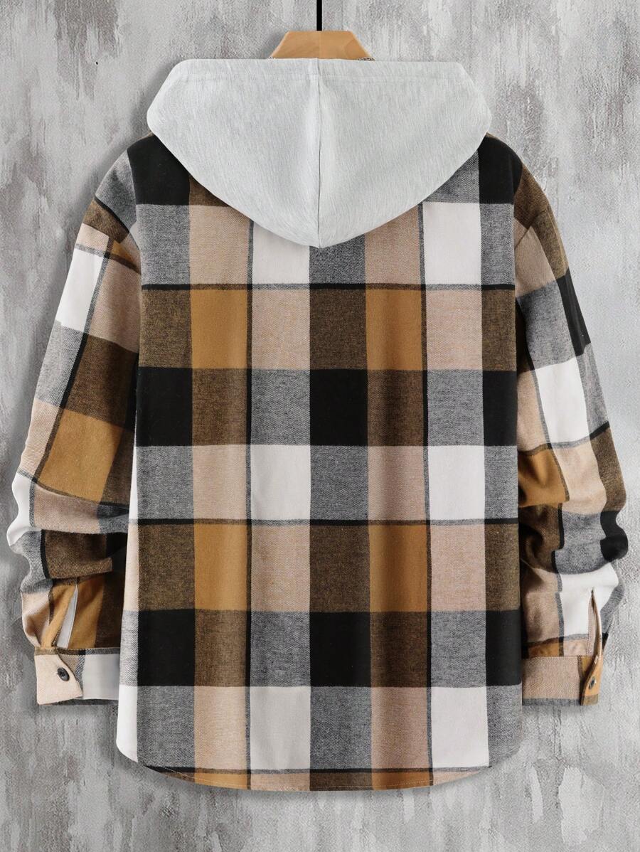 Plaid Dual Pocket Drawstring Hooded Shirt