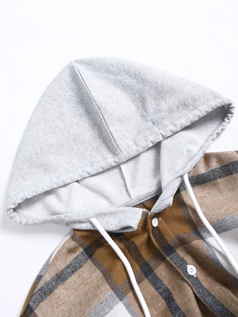 Plaid Dual Pocket Drawstring Hooded Shirt