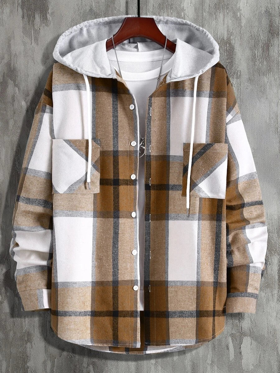 Plaid Dual Pocket Drawstring Hooded Shirt