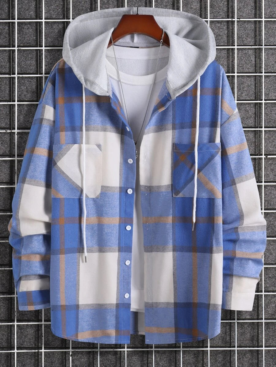 Plaid Dual Pocket Drawstring Hooded Shirt