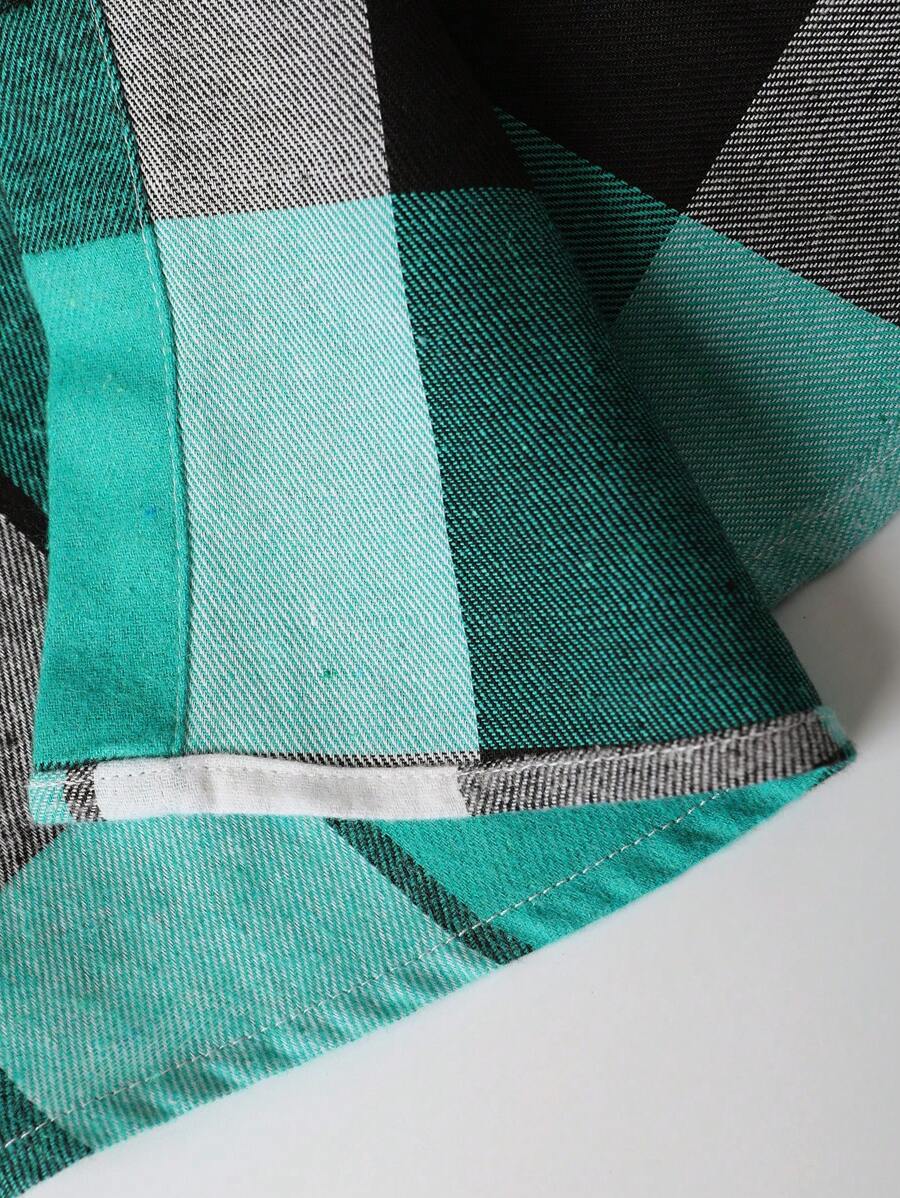 Plaid Dual Pocket Drawstring Hooded Shirt