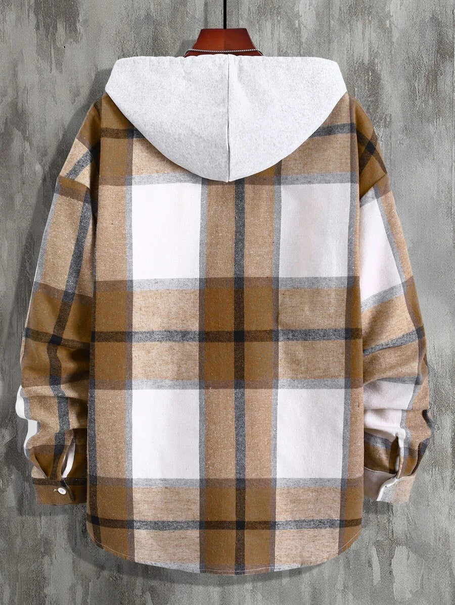 Plaid Dual Pocket Drawstring Hooded Shirt