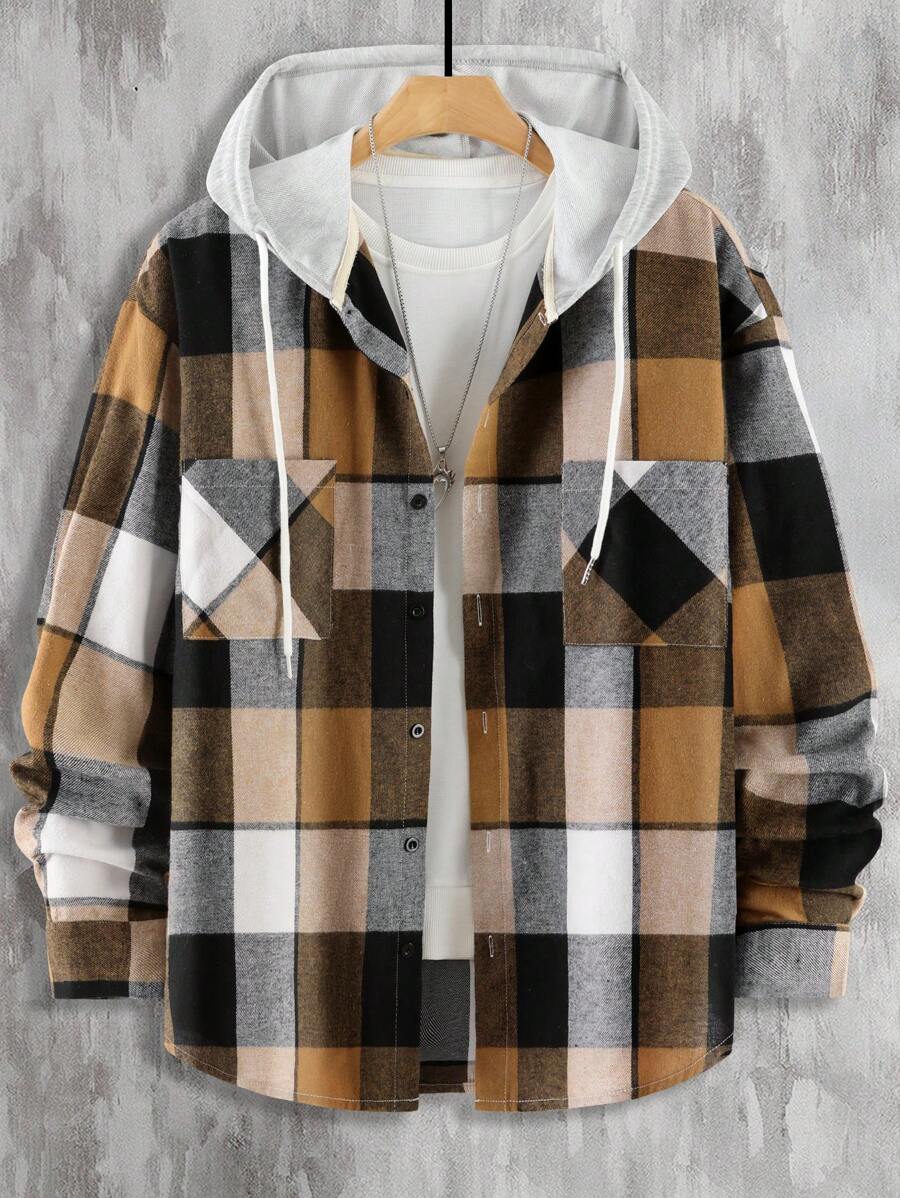 Plaid Dual Pocket Drawstring Hooded Shirt