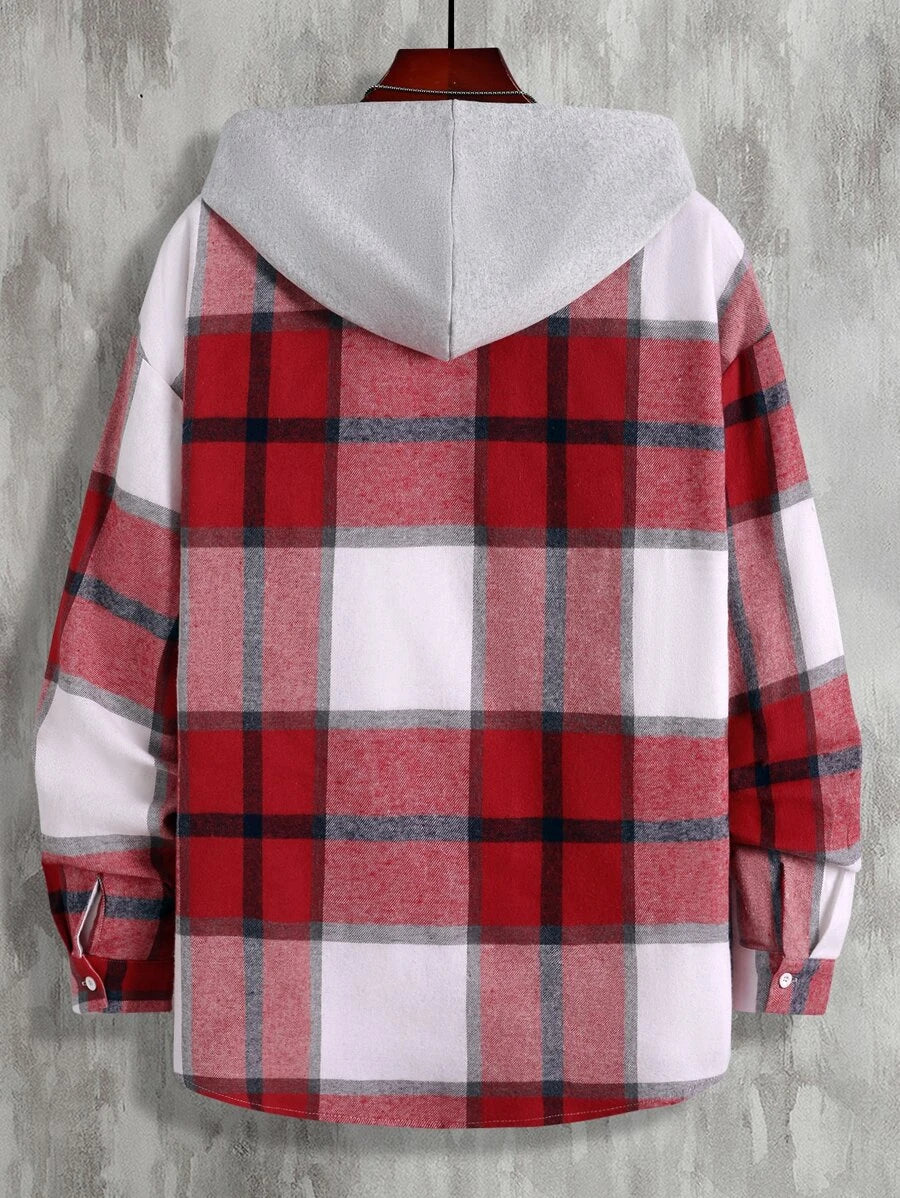 Plaid Dual Pocket Drawstring Hooded Shirt