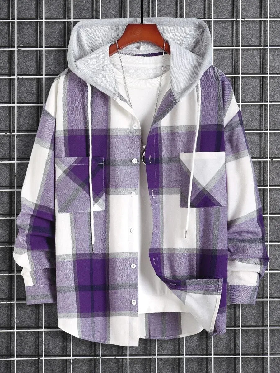 Plaid Dual Pocket Drawstring Hooded Shirt