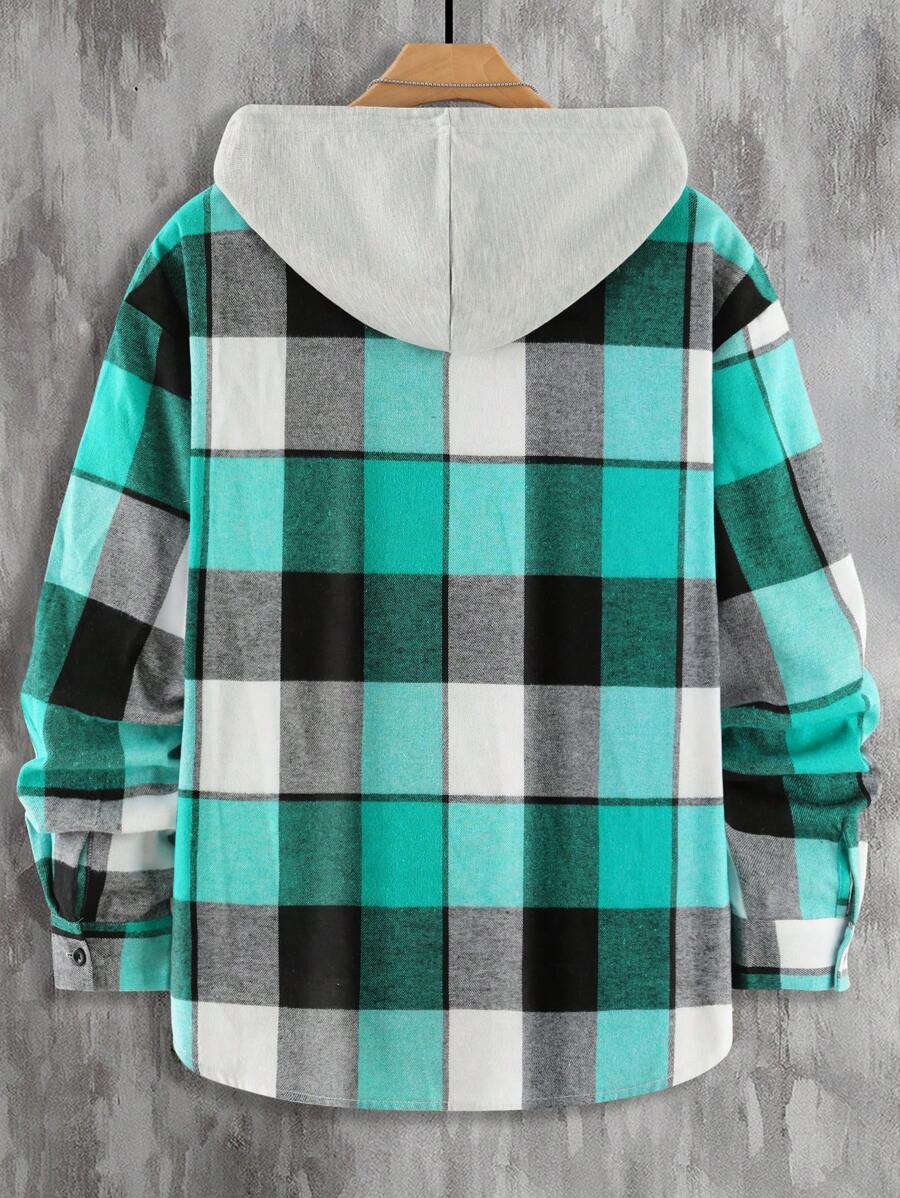 Plaid Dual Pocket Drawstring Hooded Shirt
