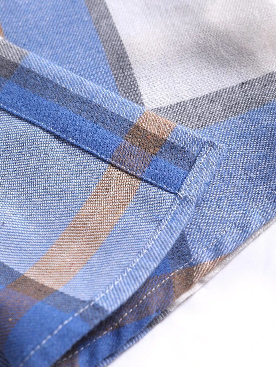 Plaid Dual Pocket Drawstring Hooded Shirt
