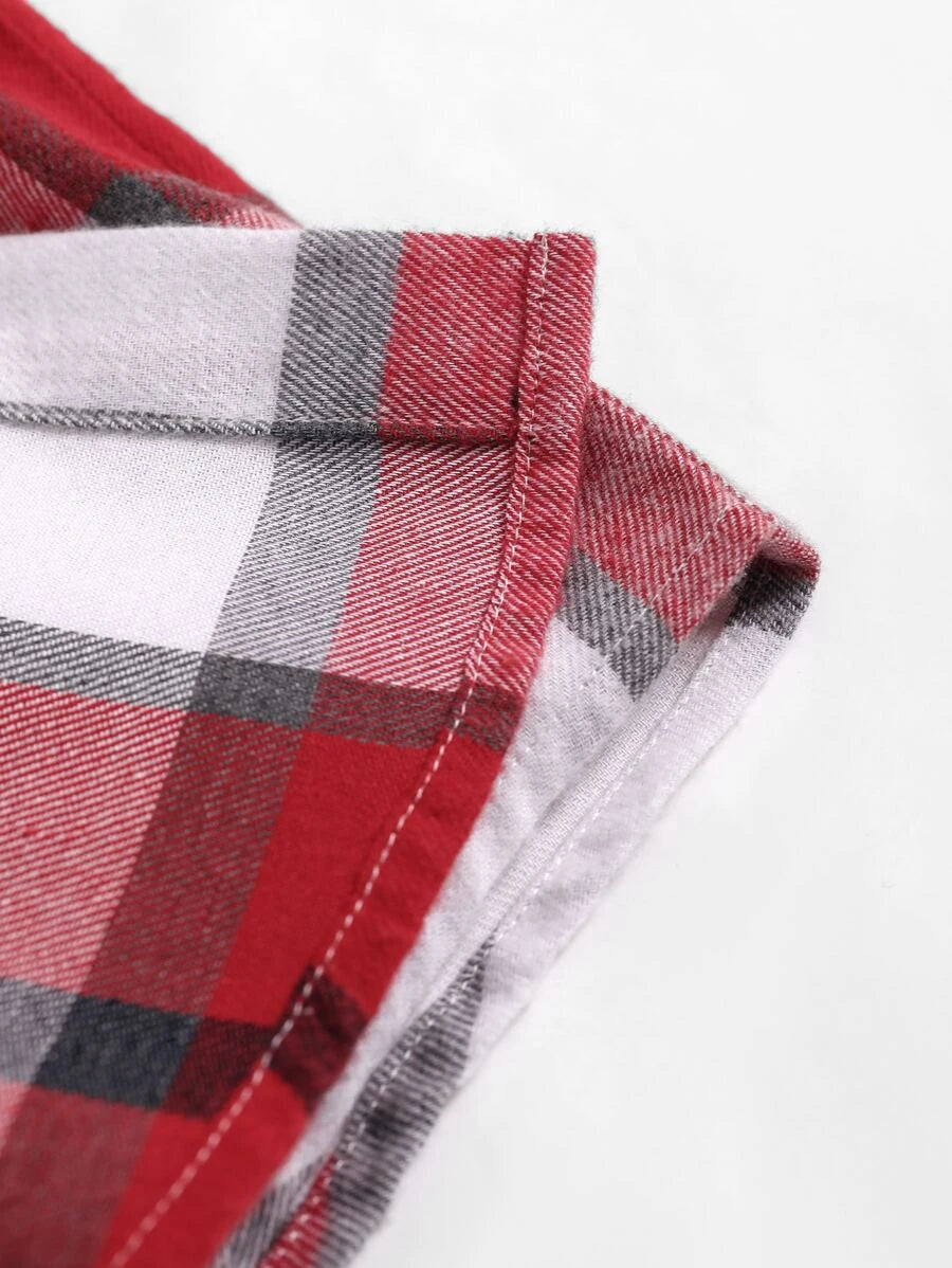 Plaid Dual Pocket Drawstring Hooded Shirt