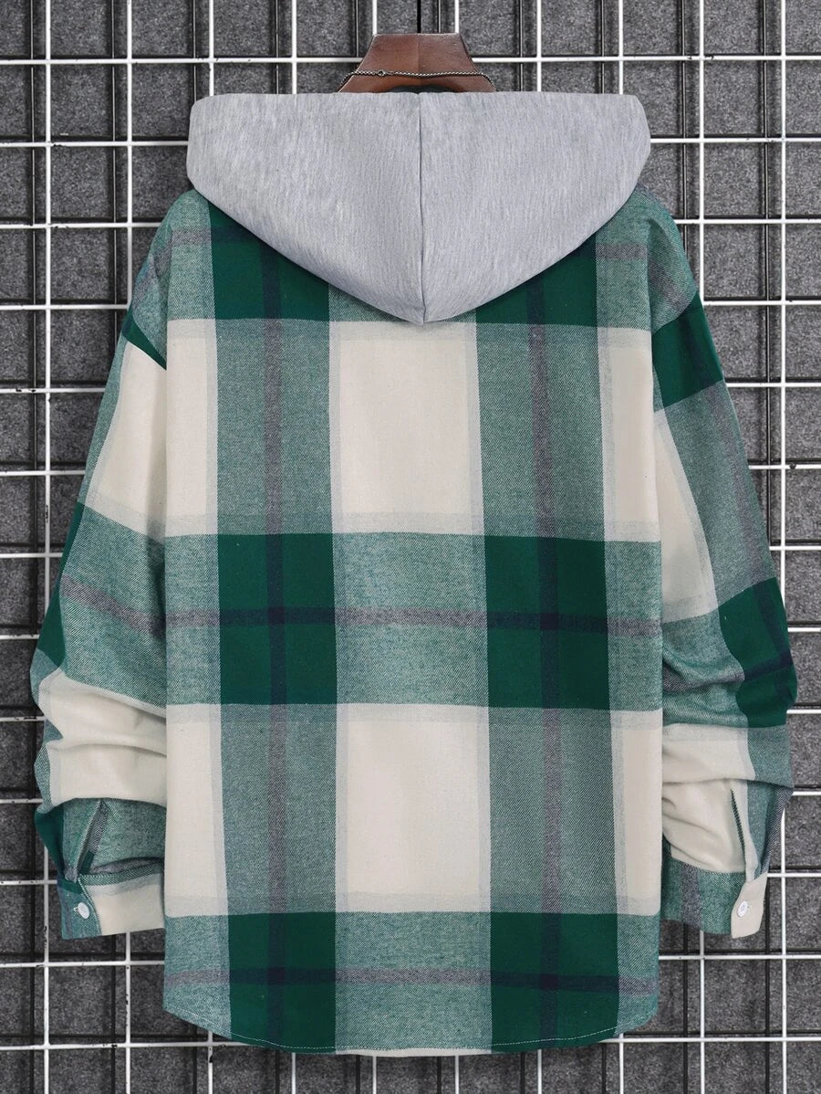 Plaid Dual Pocket Drawstring Hooded Shirt