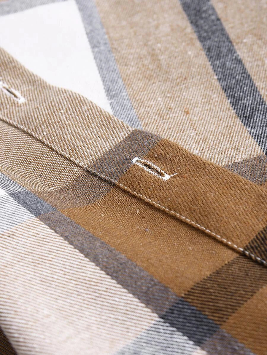 Plaid Dual Pocket Drawstring Hooded Shirt