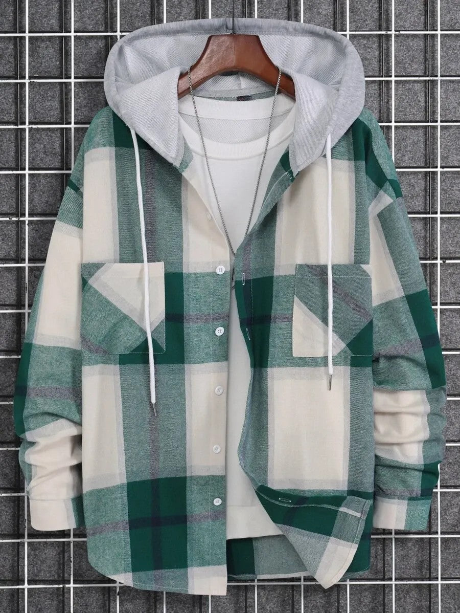 Plaid Dual Pocket Drawstring Hooded Shirt