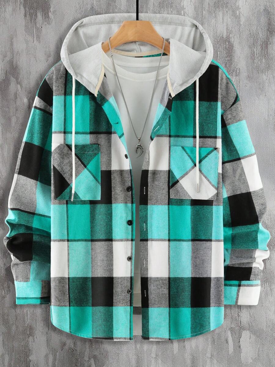 Plaid Dual Pocket Drawstring Hooded Shirt