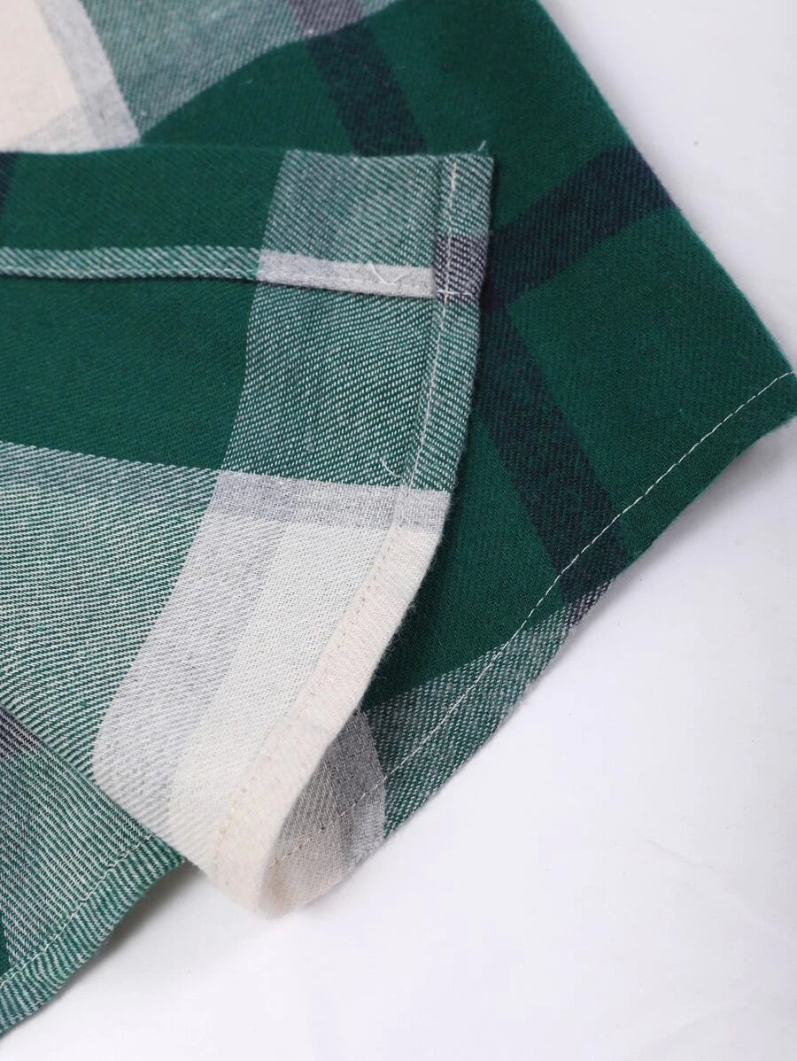 Plaid Dual Pocket Drawstring Hooded Shirt