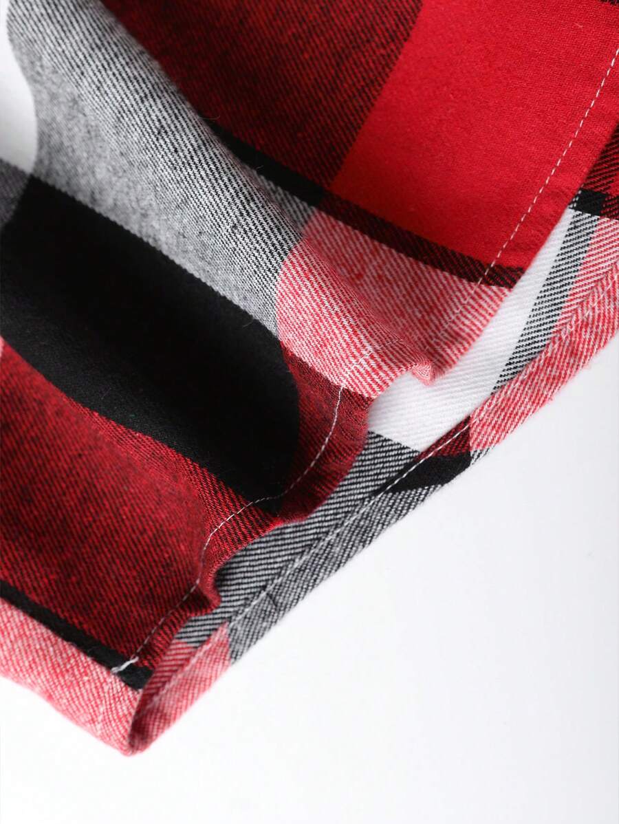 Plaid Dual Pocket Drawstring Hooded Shirt