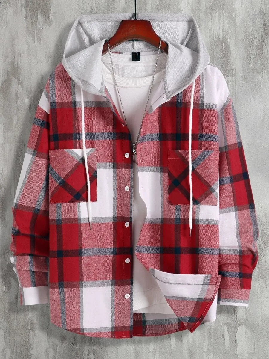 Plaid Dual Pocket Drawstring Hooded Shirt