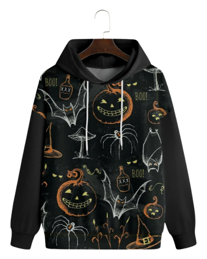 Men's Black Halloween Print Fashion Hooded Long Sleeve Sweatshirt
