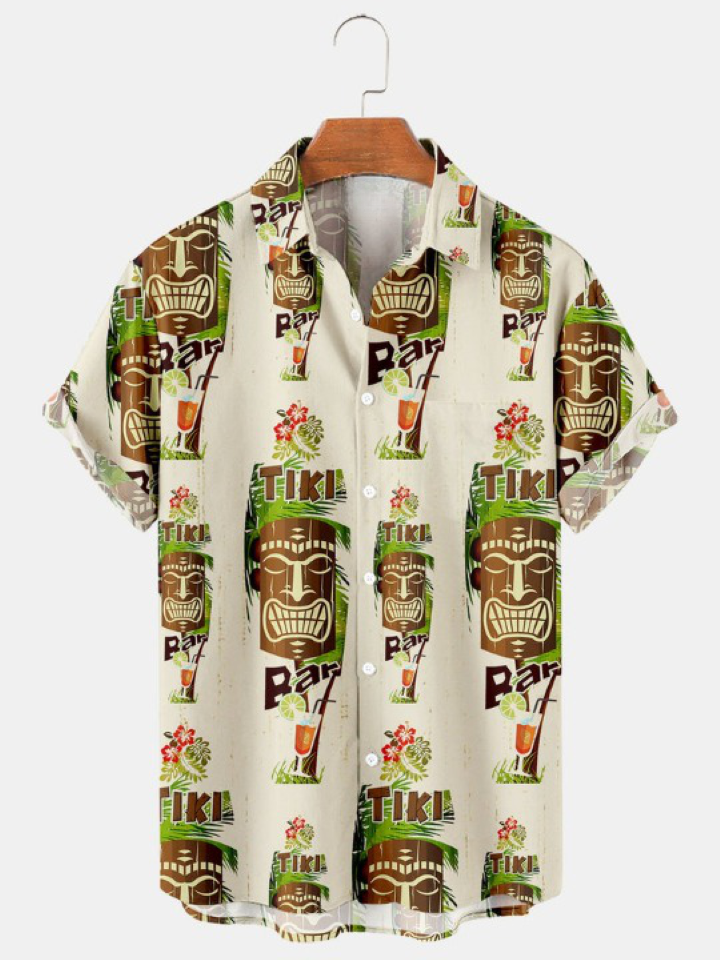 Hawaiian Tiki Print Casual Short Sleeve Shirt