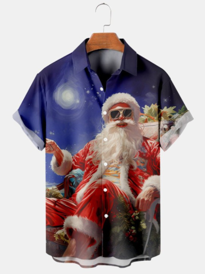 Vintage Santa Claus Print Short Sleeve Shirt