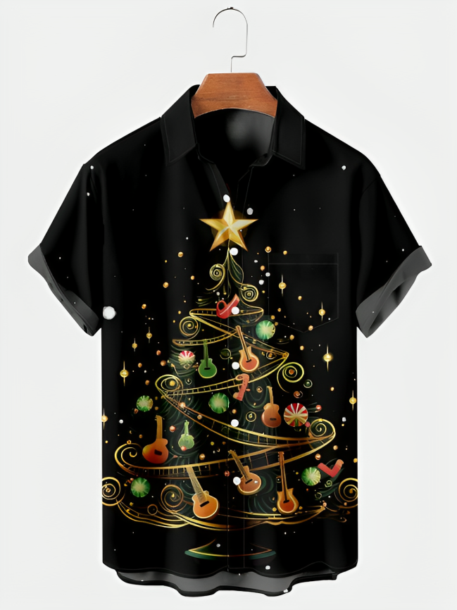 Musical Christmas Tree Print Short Sleeve Shirt