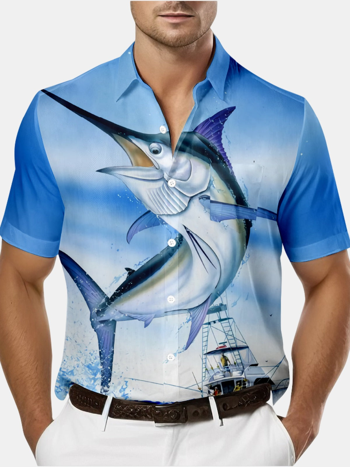 Hawaiian Ocean Yacht And Fish Print Shirt