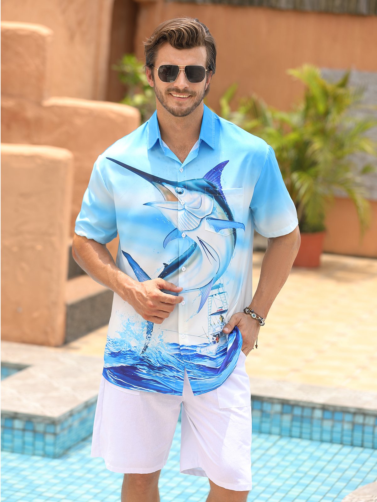 Hawaiian Ocean Yacht And Fish Print Shirt