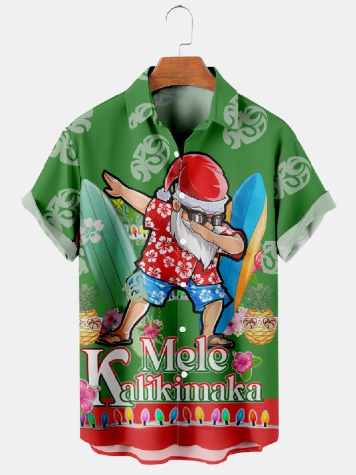 Surfing Santa Print Short Sleeve Shirt