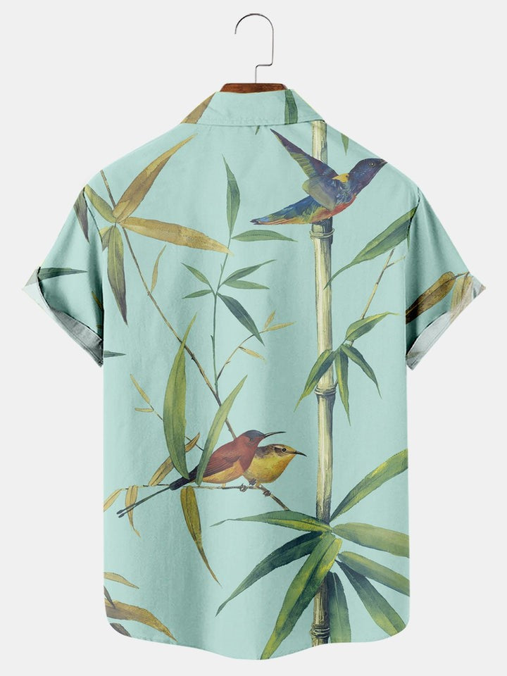 Bird Bamboo Print Simple Casual Pocket Shirt