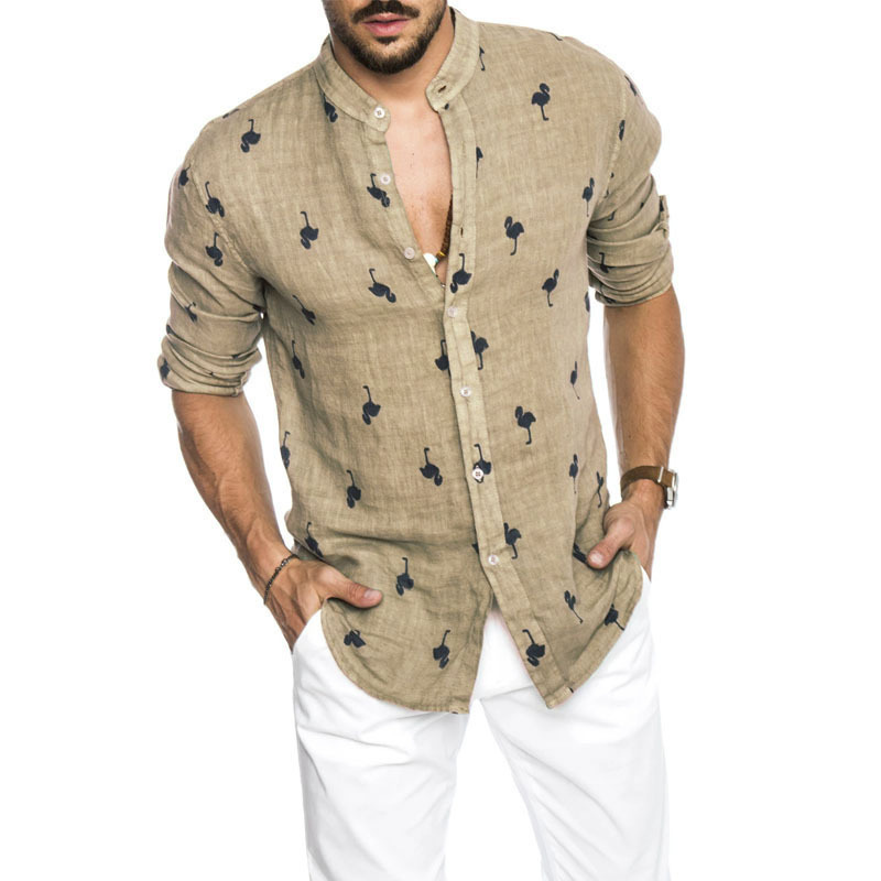 Men's linen long sleeve flamingos print shirt