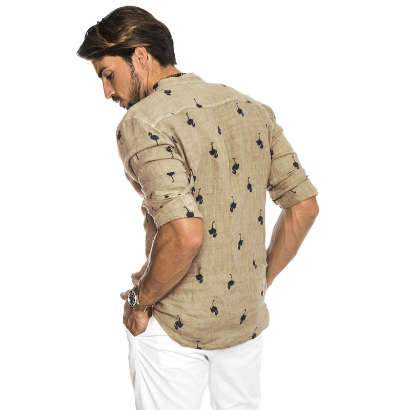 Men's linen long sleeve flamingos print shirt