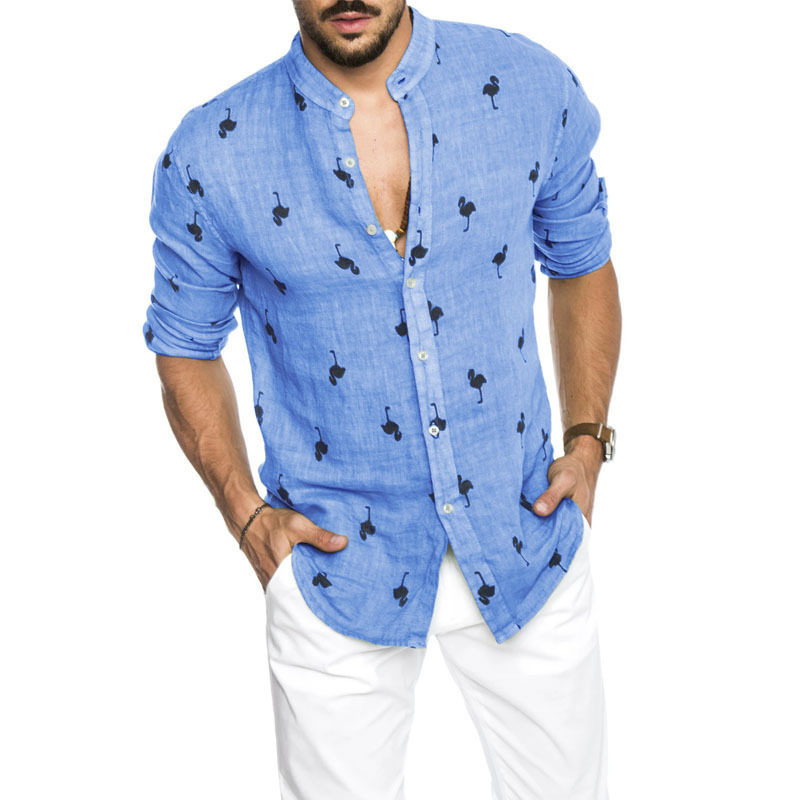 Men's linen long sleeve flamingos print shirt