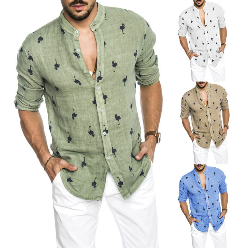 Men's linen long sleeve flamingos print shirt