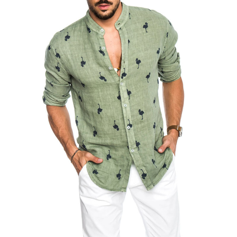 Men's linen long sleeve flamingos print shirt