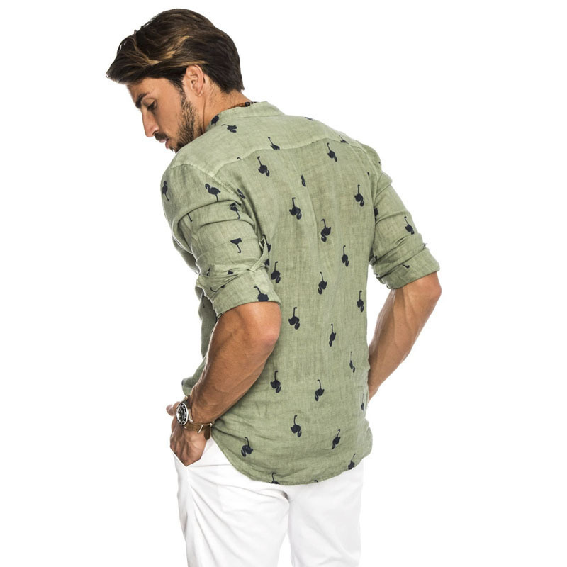 Men's linen long sleeve flamingos print shirt
